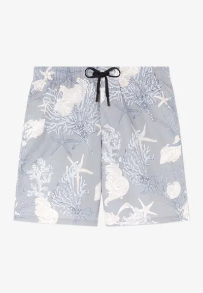 Versace Barocco Sea Print Boardshorts In Bleu+imprimer