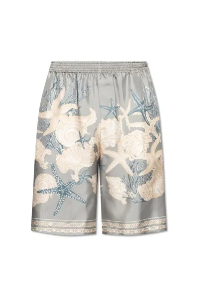 Versace Barocco Sea Print Silk Twill Shorts In Cocrete Dusty Blue Bone