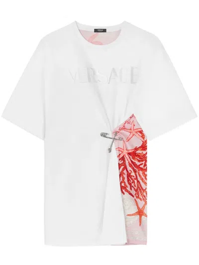 Versace Back Printed Cotton Crew-neck T-shirt With Pin In White