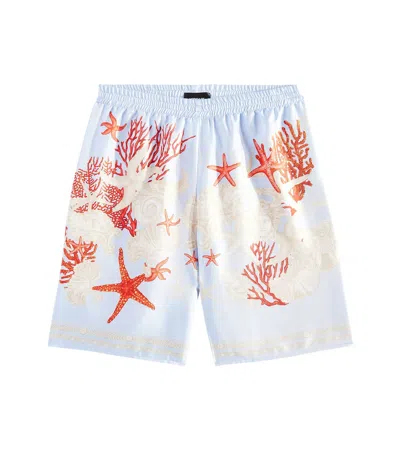 Versace Kids' Barocco Sea Silk Twill Bermuda Shorts In Blue