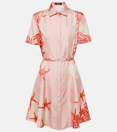 Versace Holiday-print Belted Short-sleeve Silk Twill Mini Shirtdress In Multi