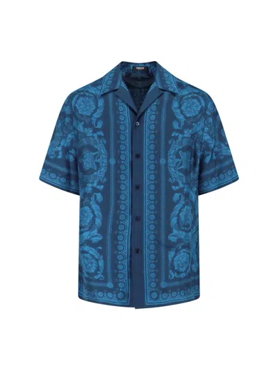 Versace Barocco-printed Short-sleeved Shirt In Blue