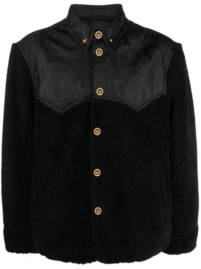 Versace Fleece Jacket With Collar And Embroidered Detailing In Black