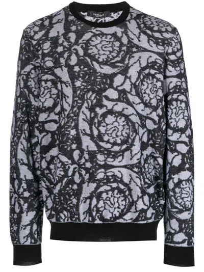Versace Barocco-intarsia Crew-neck Jumper In Black