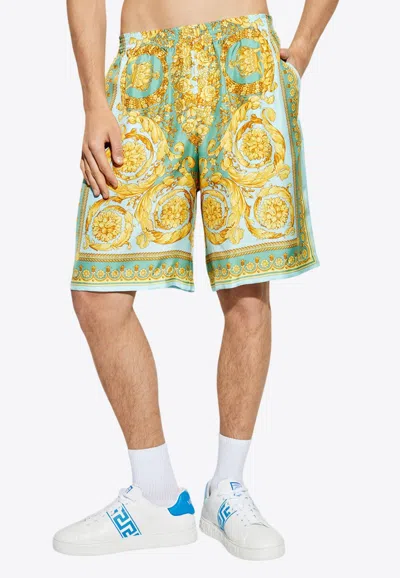 Versace Barocco Silk Bermuda Shorts In Yellow