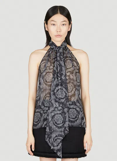 Versace Barocco Silk Scarf-tie Top In Black