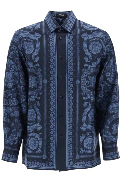 Versace Barocco Silk Shirt In Navy Blue (blue)