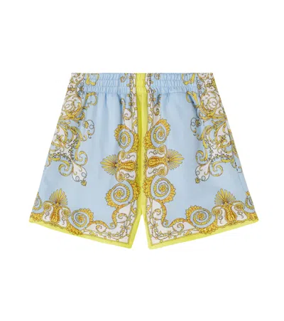 Versace Kids' Barocco Silk Shorts In Blue