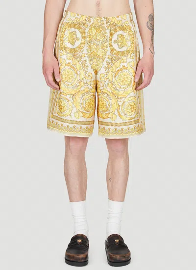 Versace Barocco Silk Shorts In Yellow