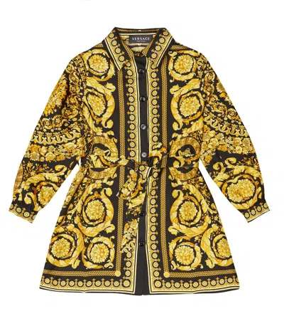 Versace Kids' Baroque Print Silk Dress In Yellow,black
