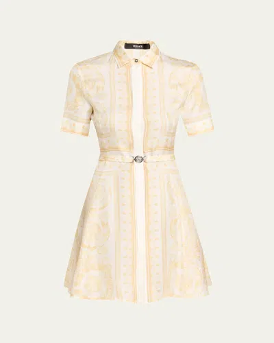 Versace Barocco Silk Twill Mini Dress In Neutral