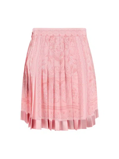 Versace Pleated Baroque-print Crepe De Chine Mini Skirt In Pink & Purple