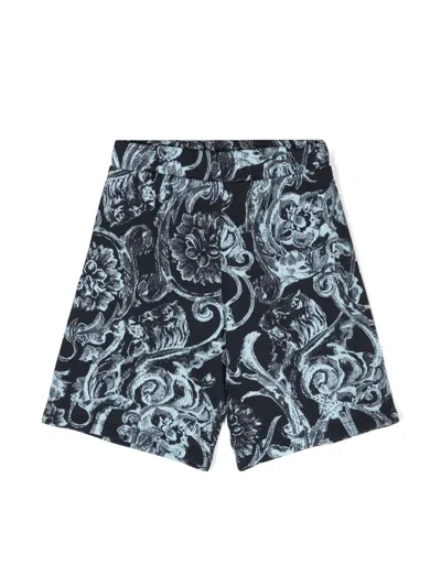 Versace Kids' Barocco Stencil Cotton Shorts In Blue