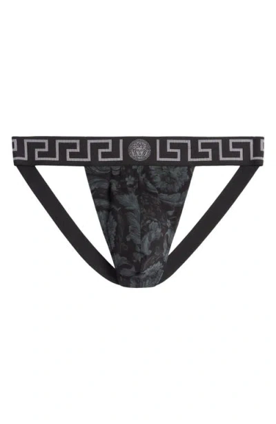 Versace Barocco-print Cotton Jockstrap In Blackgrey