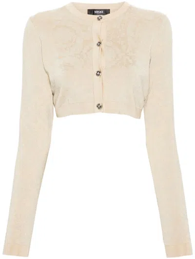 Versace Barocco Texture Cropped Cardigan In Neutral
