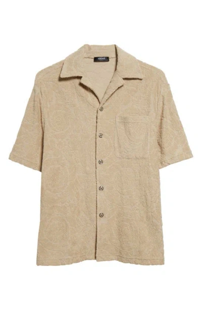 Versace Barocco Towel Cotton Terry Camp Shirt In Light Sand