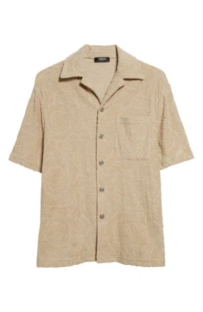 Versace Barocco Towel Cotton Terry Camp Shirt In 1kd70-light Sand
