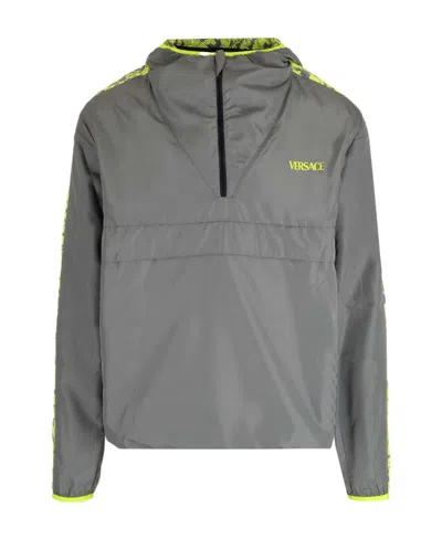 Versace Barocco-trim Hooded Jacket In Gray