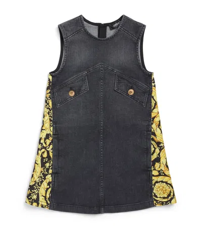 Versace Kids' Barocco-trim Sleeveless Denim Dress In Black