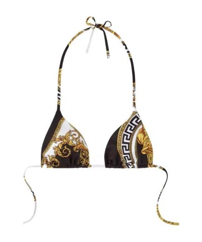 Versace Barocco-print Haterneck Bikini Top In Brown