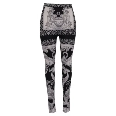 Pre-owned Versace Barocco-print Leggings In Black And White Polyamide
