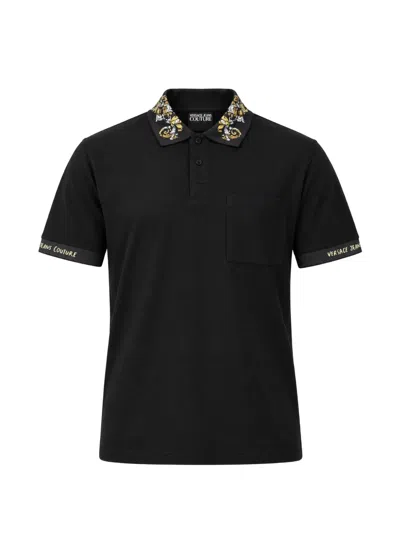 Versace Barocco-print Logo-embroidered Polo Shirt In Black