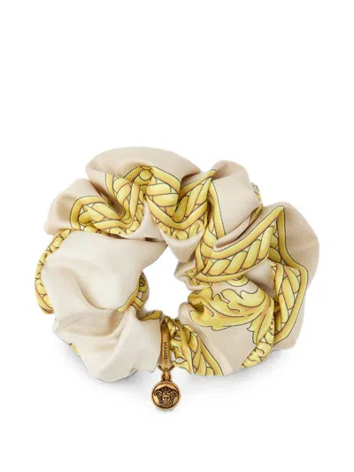 Versace Barocco-print Medusa-pendant Scrunchie In Orange