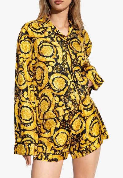 Versace Barocco-print Silk Pajama Top In Yellow
