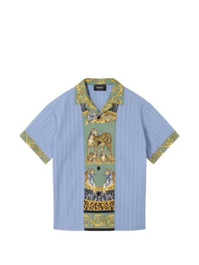 Versace Kids' Barocco-print Striped Shirt In Blue