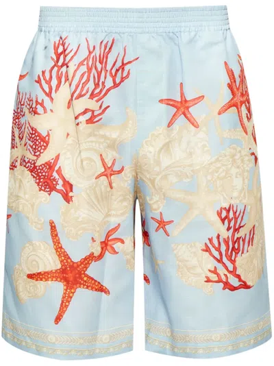 Versace Barocco-sea Cotton Shorts In Blue