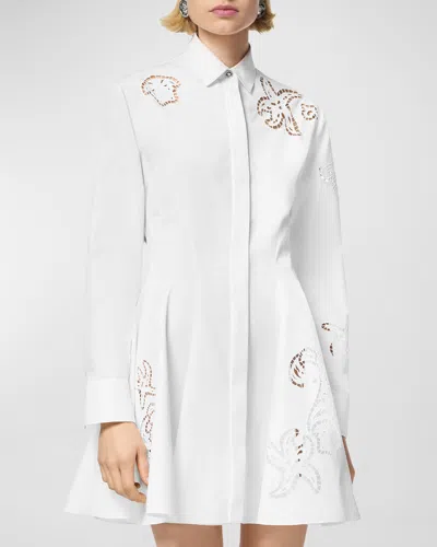 Versace Baroque A Jour Embroidered Cotton Poplin Long-sleeve Mini Shirtdress In White