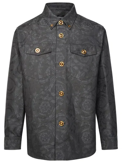 Versace 'barocco' Anthracite Cotton Shirt In Grey