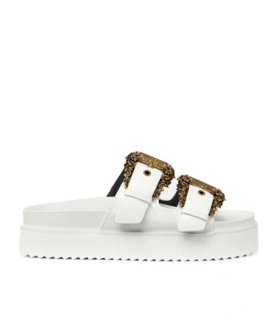 Versace Baroque Buckle Slippers In White