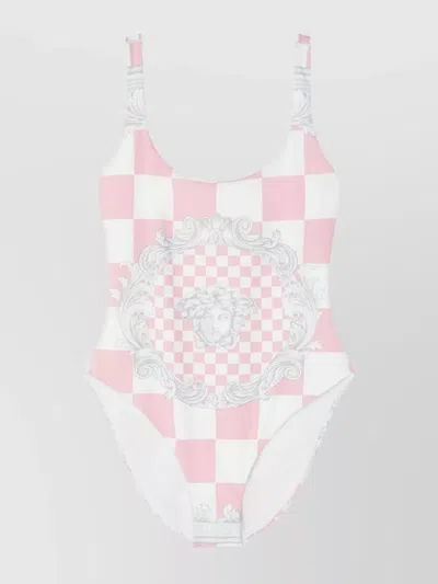 Versace Barocco Damier Printed One-piece Swimsuit In Pink,white,silver