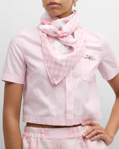 Versace Baroque Checkered Silk Square Scarf In Pink