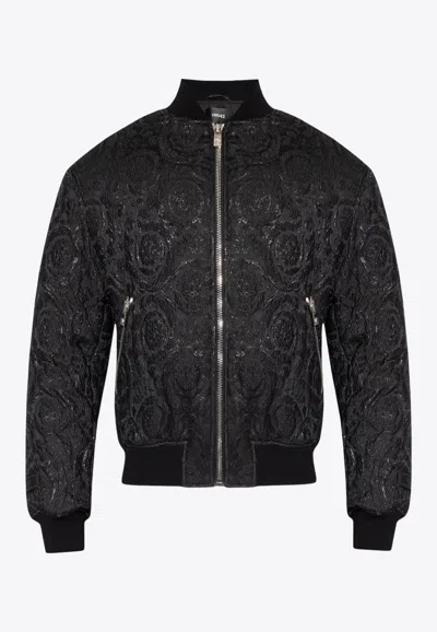Versace Baroque Cloquet Zipped Bomber Jacket In Black