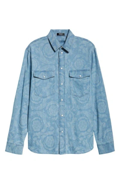 Versace Baroque Cotton Chambray Snap-up Shirt In Light Blue