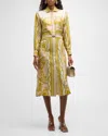 Versace Baroque Coupe De Deaux Silk Long-sleeve Belted Midi Shirtdress In Beigelight Beigego