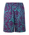Versace Barocco Silhouette-print Silk Shorts In Purple