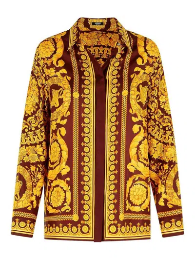 Versace Brown Baroque Print Silk Shirt In Multi