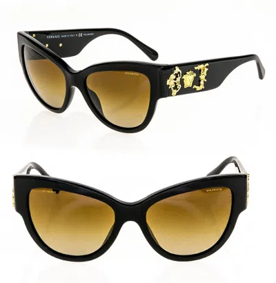 Pre-owned Versace Baroque Icon Medusa 4323 Black Brown Polarized Ve4323 Cat Eye Sunglasses In Gb1/t5