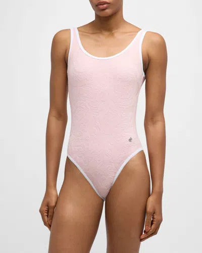 Versace Baroque Jacquard One-piece Swimsuit In Pink