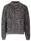 Versace Melange Crew-neck Sweater With Baroque Motif In Nero