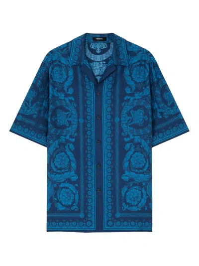 Versace Baroque Pattern Short-sleeve Shirt With Camp Collar In Blue
