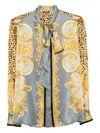 Versace Baroque-pattern Silk Shirt With Leopard Accents In Blue