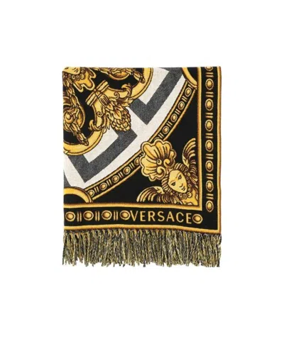 Versace Baroque Pattern Throw Blanket In Brown