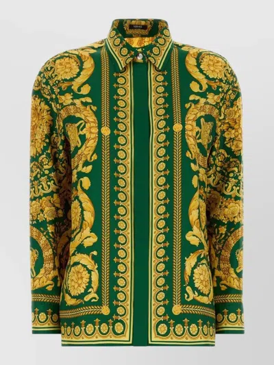 Versace Baroque Patterned Silk Long Sleeve Shirt In Green