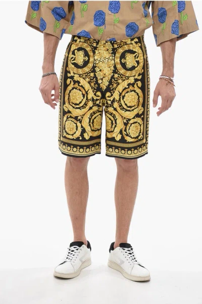 VERSACE BAROQUE PATTERNED SILK SHORTS WITH ELASTIC WAISTBAND