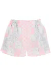VERSACE BAROQUE PRINT CHECKERED SILK SHORTS IN PINK AND PURPLE FOR WOMEN