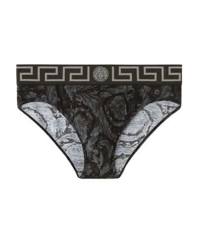 Versace Barocco Cotton Blend Briefs In Black Grey